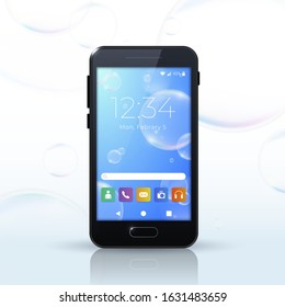 Realistic Black Smartphone with Bubbles Background . Isolated Vector Elements