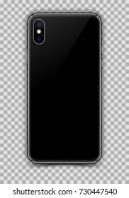 Realistic Black Smartphone isolated on Transparent Background. Back or Rear View For Print, Web, Application. Device Mockup Separate Groups and Layers. Easily Editable Vector Illustration.