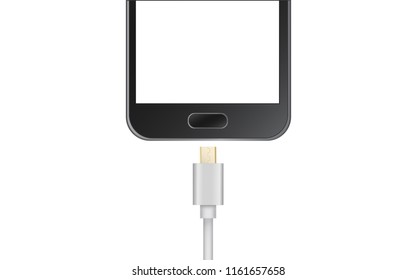 Realistic Black Smartphone with Micro USB Charger Cable Isolate on white background.