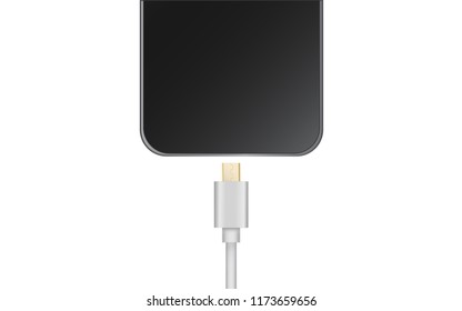 Realistic Black Smartphone with Micro USB Charger Cable Isolate on white background.