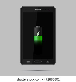 Realistic black smartphone. Mobile phone with black screen and charging sign. Gadget isolated on grey background. Vector eps 10  