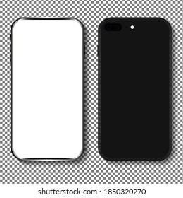 Realistic black smartphone mockup. Black cellphone mockup on transparent background. Phone with blank screen. Isolated templates of mobiles. Modern application design. Digital device concept. Vector