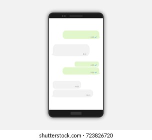 Realistic black smartphone mockup isolated on white, vector illustration. Message screen, open chat, empty bubbles. Social network communication template design.