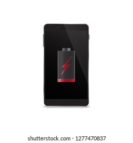 Realistic Black smartphone mockup vector with low battery icon screen isolated on white background.