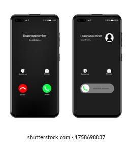 Realistic black smartphone on isolated background, call screen, call interface, incoming call on smartphone screen, vector illustration