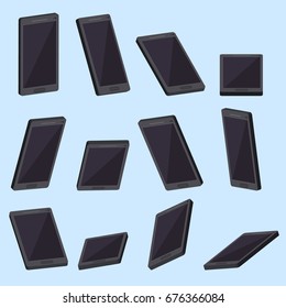 Realistic Black Smartphone Set from Different Sides on a Blue Background Technology Concept. Vector illustration