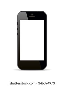 Realistic black smartphone in smart phone style with blank screen isolated on white background. Vector illustration.