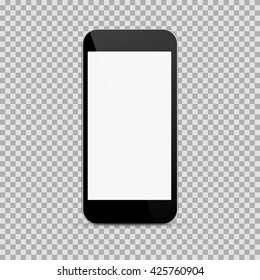 Teléfono inteligente negro realista al estilo iphone con fondo aislado en pantalla en blanco. Ilustración del vector