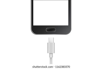 Realistic Black Smartphone with USB Type-c Charger Cable Isolate on white background.