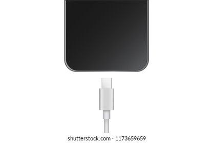 Realistic Black Smartphone with USB Type-c Charger Cable Isolate on white background.