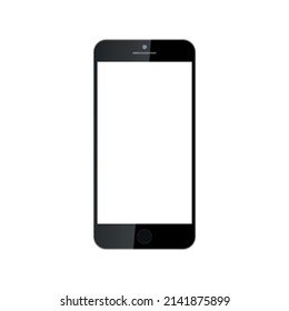 Realistic black smartphone with white screen, menu button and camera on phone, vector