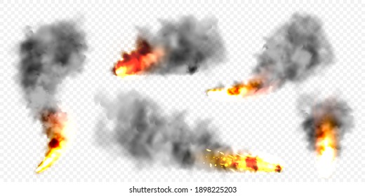 Realistic black smoke clouds and fire. Flame blast, explosion. Stream of smoke from burning objects. Forest fires. Transparent fog effect. Vector design element.