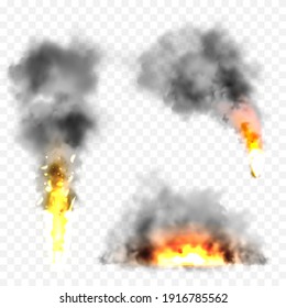 Realistic black smoke clouds and fire. Flame blast, explosion. Stream of smoke from burning objects. Forest fires. Transparent fog effect. Vector design element.