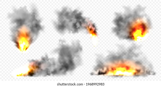 Realistic black smoke clouds and fire. Flame blast, explosion. Stream of smoke from burning objects. Forest fires. Transparent fog effect. Vector design element.