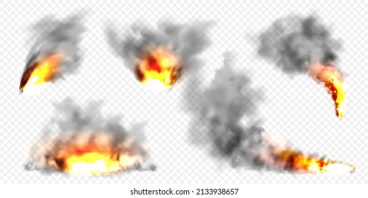 Realistic black smoke clouds and fire. Flame blast, explosion. Stream of smoke from burning objects. Forest fires. Transparent fog effect. Vector design element.