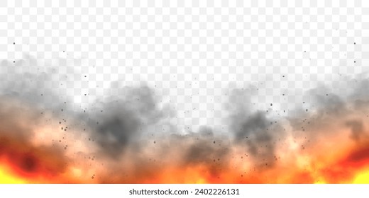 Realistic black smoke clouds and fire. Flame blast, explosion. Stream of smoke from burning objects. Forest fires. Transparent fog effect. Vector design element.