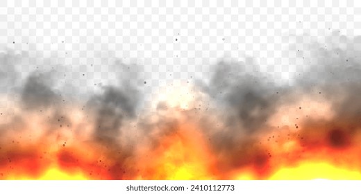 Realistic black smoke clouds and fire. Flame blast, explosion. Stream of smoke from burning objects. Forest fires. Transparent fog effect. Vector design element.