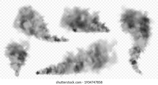 Realistic black smoke clouds  Stream smoke from burning objects  Transparent fog effect  Vector design element 
