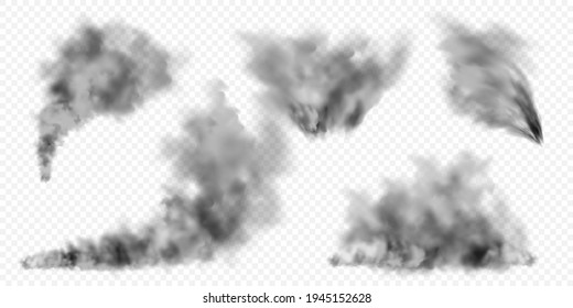 Realistische schwarze Rauchwolken. Rauchstrom aus brennenden Objekten. Transparenter Nebel-Effekt. Vectordesign-Element.