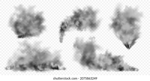Realistic black smoke clouds. Stream of smoke from burning objects. Transparent fog effect. Vector design element.