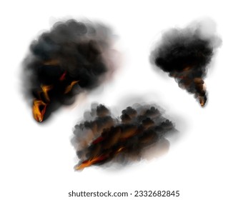 Realistic black smoke. Co2 exhaust or dark clouds with fire of war explosion horror, burning smooth effect heat campfire burn natural fog smog in sky, 3d exact vector illustration of black burning