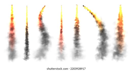 Realistic black smoke with fire, space rocket launch trails. Fire burst, explosion. Missile or bullet trail. Jet aircraft tracks. Smoke clouds, fog. Steam flow. Vector illustration