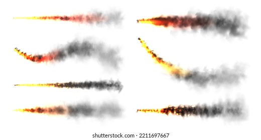 Realistic black smoke with fire, space rocket launch trails. Fire burst, explosion. Missile or bullet trail. Jet aircraft tracks. Smoke clouds, fog. Steam flow. Vector illustration