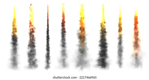 Fuma negra realista con fuego, senderos de lanzamiento de cohetes espaciales. Incendio, explosión. Rastreo de misiles o balas. Pistas de aviones de reacción. Nubes de humo, niebla. Flujo de vapor. Ilustración del vector