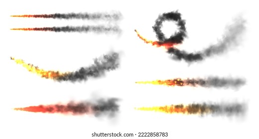 Realistic black smoke with fire, space rocket launch trails. Fire burst, explosion. Missile or bullet trail. Jet aircraft tracks. Smoke clouds, fog. Steam flow. Vector illustration