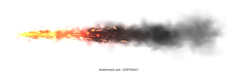 Fuma negra realista con fuego, pista de lanzamiento de cohetes espaciales. Incendio, explosión. Rastreo de misiles o balas. Pista de aviones Jet. Nubes de humo, niebla. Flujo de vapor. Ilustración del vector