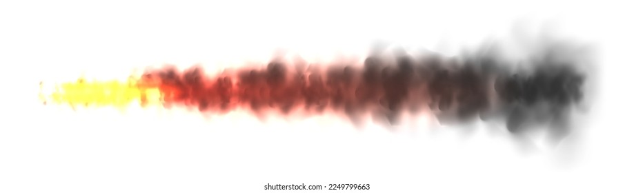 Realistic black smoke with fire, space rocket launch trail. Fire burst, explosion. Missile or bullet trace. Jet aircraft track. Smoke clouds, fog. Steam flow. Vector illustration
