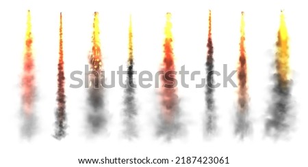 Realistic black smoke with fire, space rocket launch trails. Fire burst, explosion. Missile or bullet trail. Jet aircraft tracks. Smoke clouds, fog. Steam flow. Vector illustration
