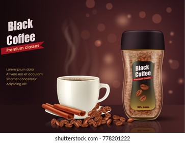 Realistic black soluble coffee cup and jar for advertisement banner or poster. Vector illustration.