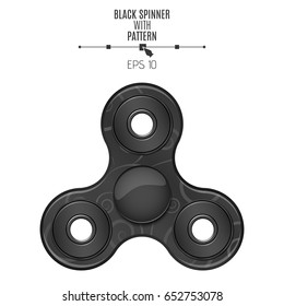 A realistic black spinner with a pattern. A modern antistress toy. Hobbies for fingers. A trendy toy. 3d style. Glossy object isolated on white background. Vector illustration. EPS 10