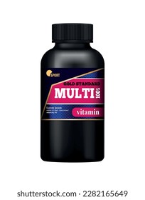 Realistic black sport nutrition vitamins bottle on white background vector illustration