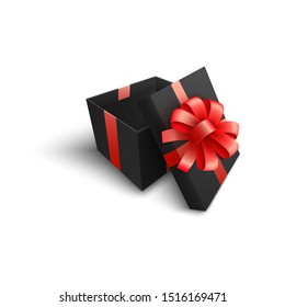 Realistic black square gift box with red ribbon propped open, showing big festive bow. Christmas or birthday present package vector illustration isolated on white background