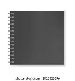 Realistic black square notebook on spiral binder mockup, copybook blank cover. Clear elegant dark men notepad or sketchbook front page with shadow