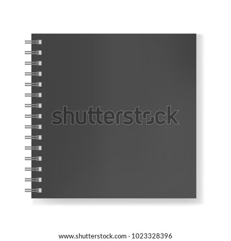 Realistic black square notebook on spiral binder mockup, copybook blank cover. Clear elegant dark men notepad or sketchbook front page with shadow