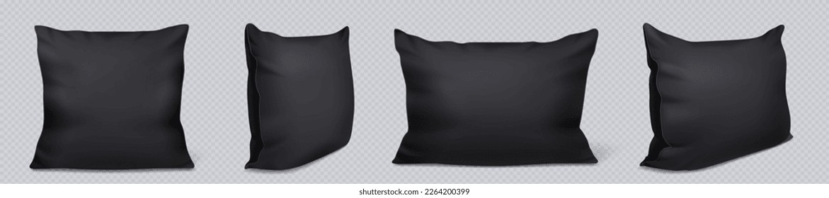 Realistic black square and rectangular pillow mockup. Isolated soft sofa cushion front and side view vector set on transparent background. Empty template for branding or advertising.