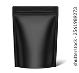 Realistic black stand up pouch bag mockup with transparent shadow. Front view. Vector illustration isolated on white background. Ready for your design. EPS10.