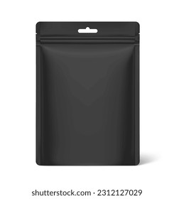 Realistic black stand up pouch bag mockup. Vector illustration isolated on white background. Front view. Can be use for template your design, presentation, promo, ad. EPS10.	