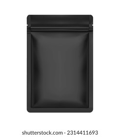 Realistic black stand up pouch bag mockup. Vector illustration isolated on white background. Front view. Can be use for template your design, presentation, promo, ad. EPS10.