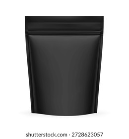Realistic black stand up pouch bag mockup with transparent shadow. Front view. Vector illustration isolated on white background. Ready for your design. EPS10.