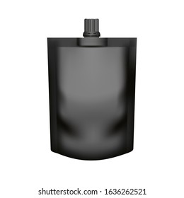 Realistic black  stand up pouch doypack with top spout  isolated on white background. Vector pack mockup for product design and branding. Blank food foil or plastic pack 