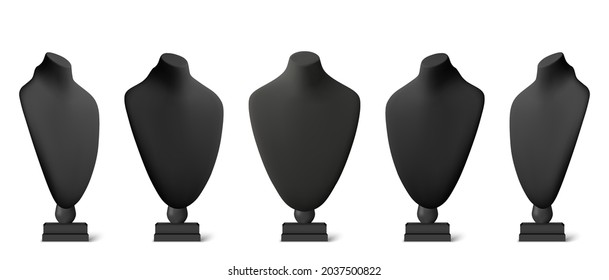 Realistic black stands for jewelry. Bust necklace mannequin vector realistic. Mannequin no head.