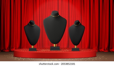 Realistic black stands for jewelry. Bust necklace mannequin vector realistic. Mannequin no head.