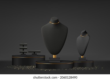 Realistic black stands for jewelry. Bust necklace mannequin vector realistic. Mannequin no head.