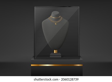 Realistic black stands for jewelry. Bust necklace mannequin vector realistic. Mannequin no head.