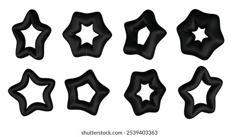 Realistic black stars vector set isolated on white background. Glossy 3D Christmas star icon. Design element for holidays.