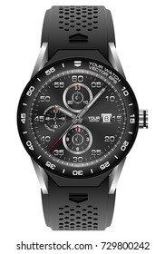 Realistic black steel watch chronograph on white background vector illustration.
